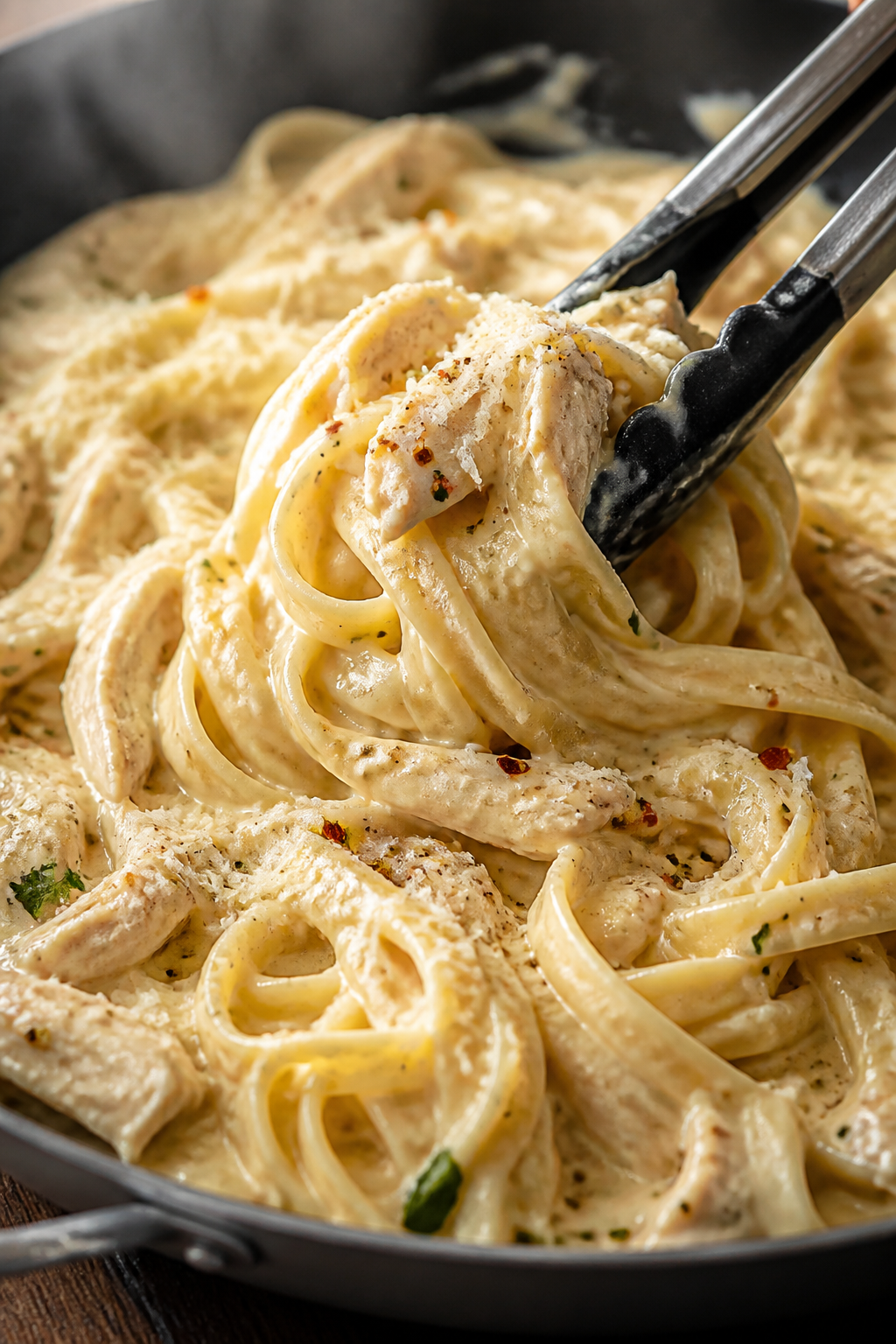 Close-up detail: Silky Alfredo sauce clinging to just-cooked fettuccine and shredded rotisserie chic