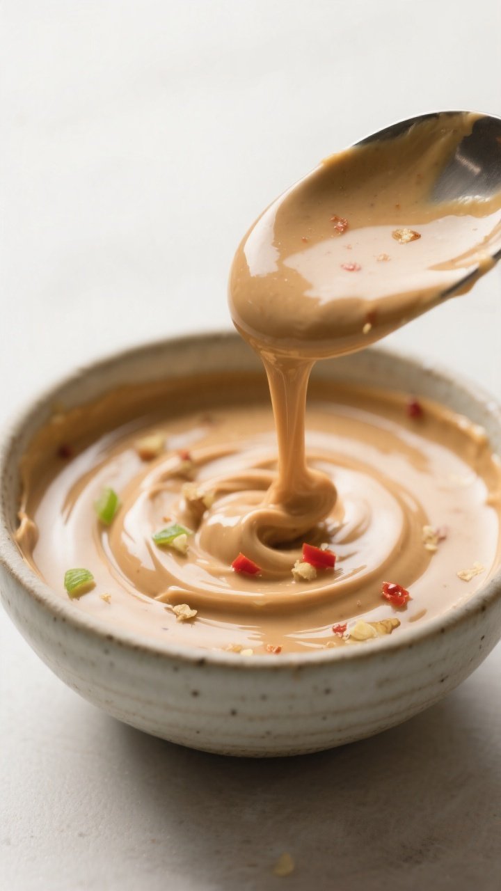 Close-up detail: Silky peanut dressing being whisked to a glossy, pourable consistency in a small ce