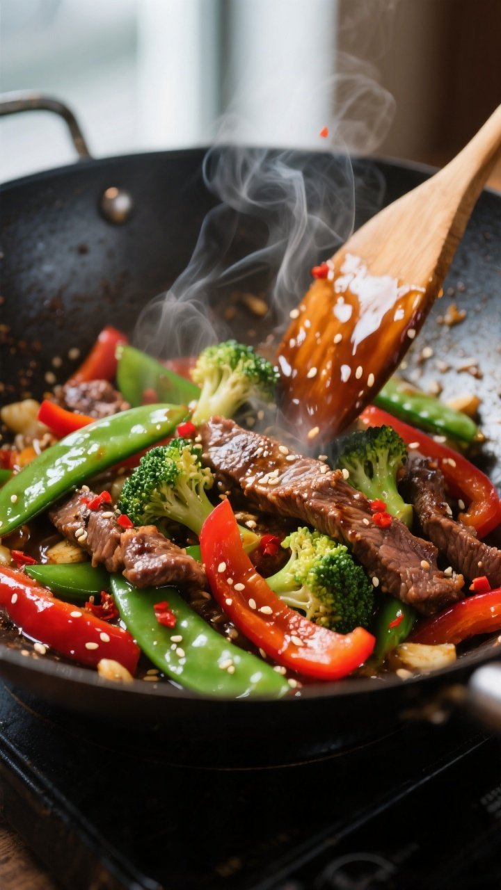 Close-up detail: Sizzling beef strips and crisp-tender veggies in a wok mid-stir, captured just as t
