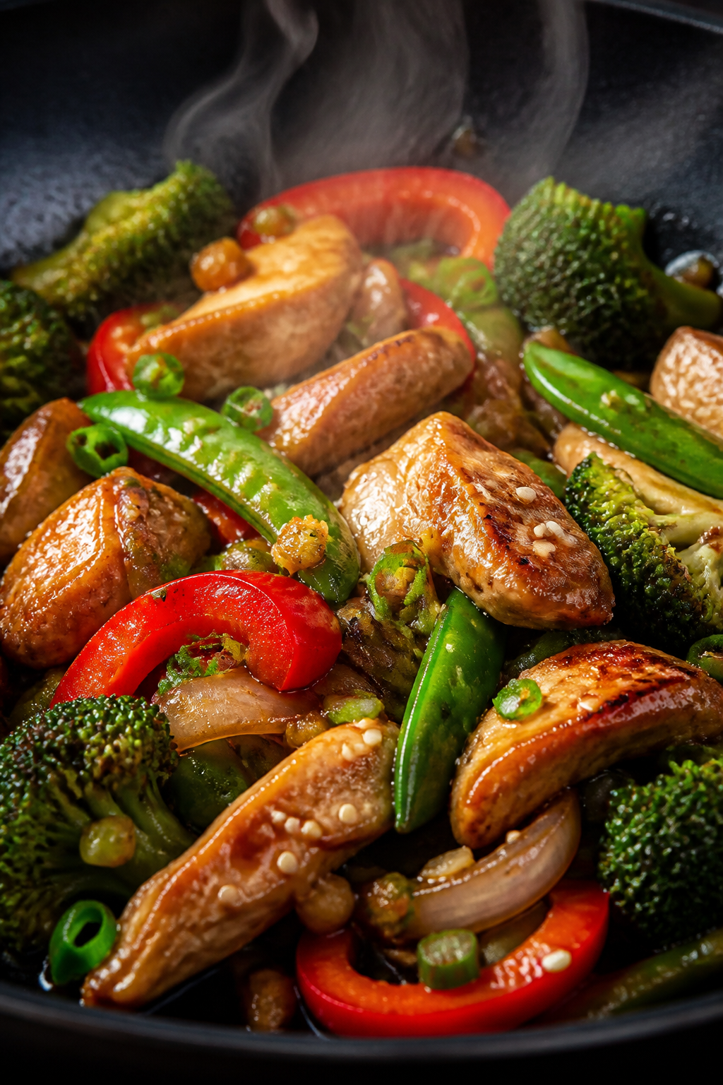 Close-up detail: Sizzling chicken breast slices and vibrant broccoli, red bell pepper, onion, and sn