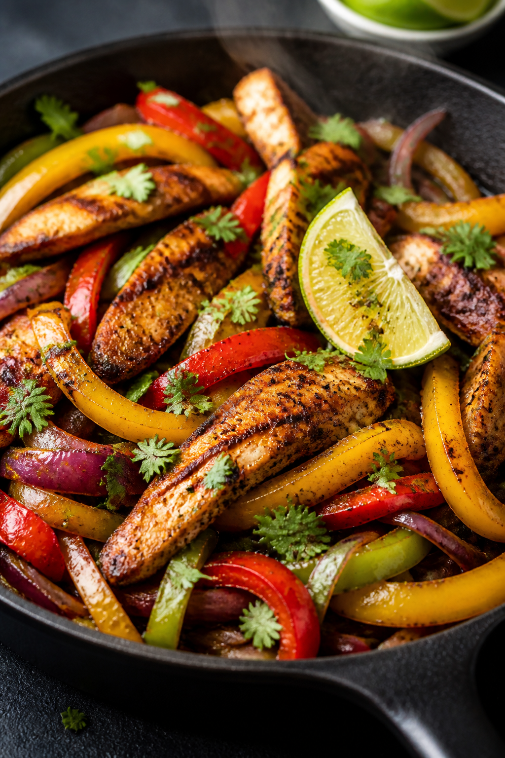 Close-up detail: Sizzling chicken fajita strips in a cast-iron skillet, cooked and lightly charred w