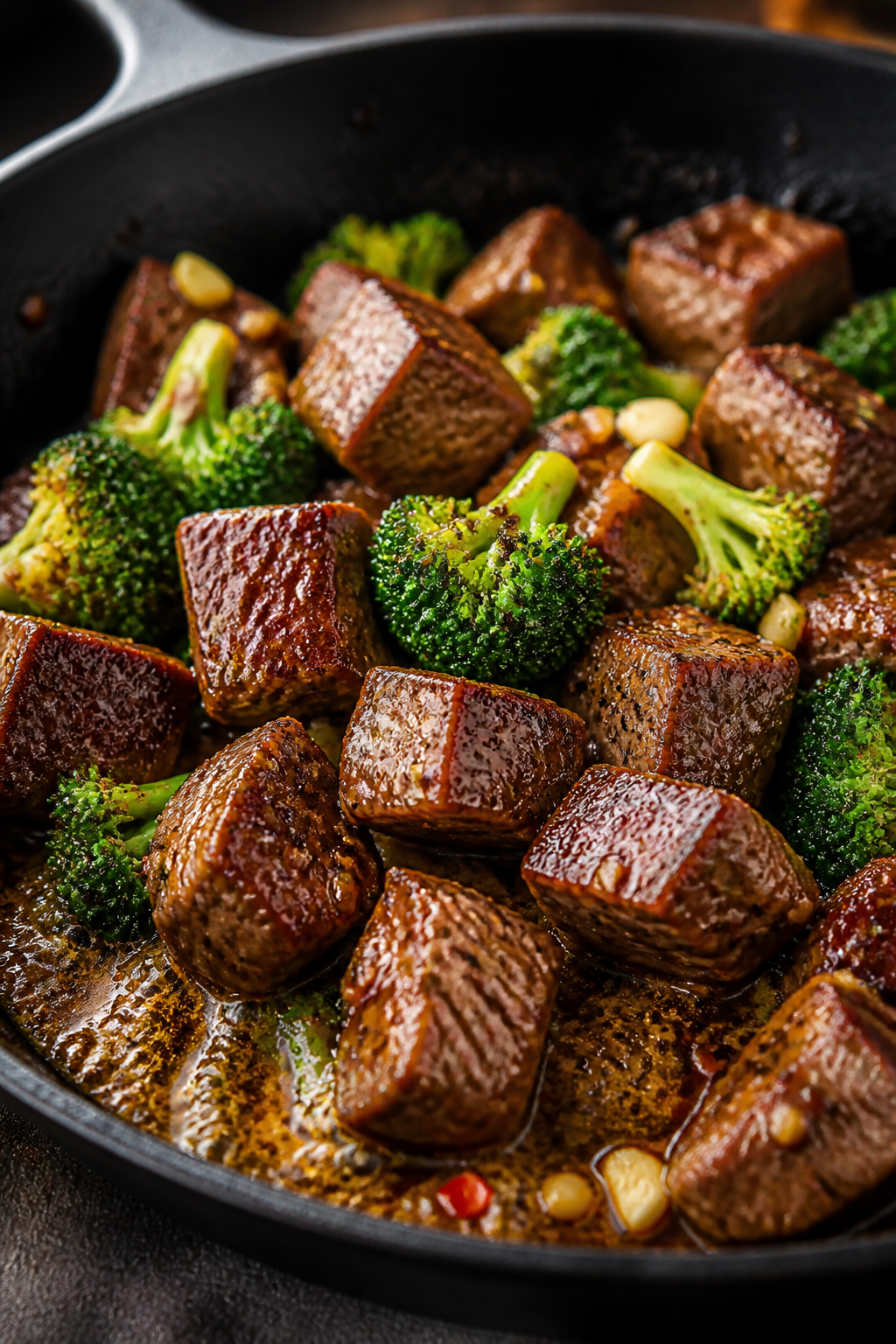 Close-up detail: Sizzling garlic butter steak bites in a cast-iron skillet mid-toss, golden-brown cr