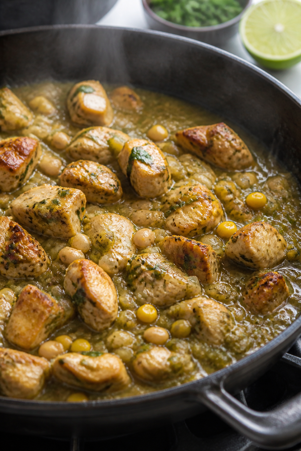Close-up detail: Sizzling salsa verde chicken in a skillet mid-simmer, bite-size browned chicken pie