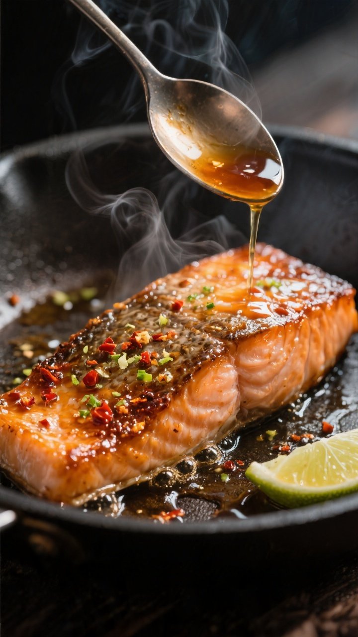Close-up detail: Skin-on salmon just flipped in a hot skillet, lacquered with bubbling hot honey–s