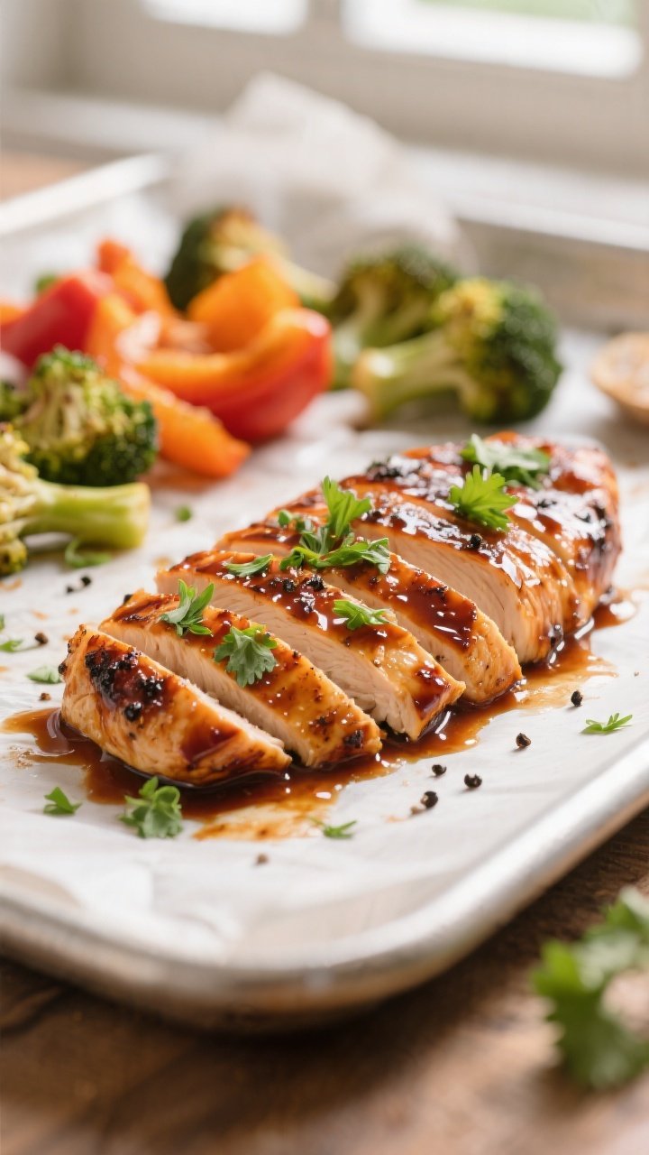 Close-up detail: Sliced BBQ-glazed chicken breast just out of the oven, glossy caramelized sauce set