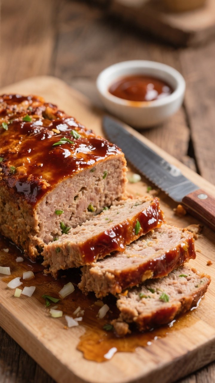 Close-up detail: Sliced BBQ turkey meatloaf just after resting, showing juicy interior with a tender