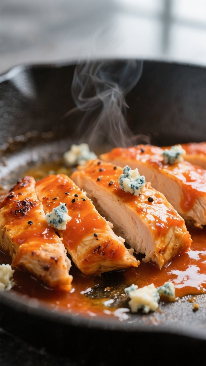 Close-up detail: Sliced buffalo chicken just tossed in warm buffalo sauce and melted butter, glisten