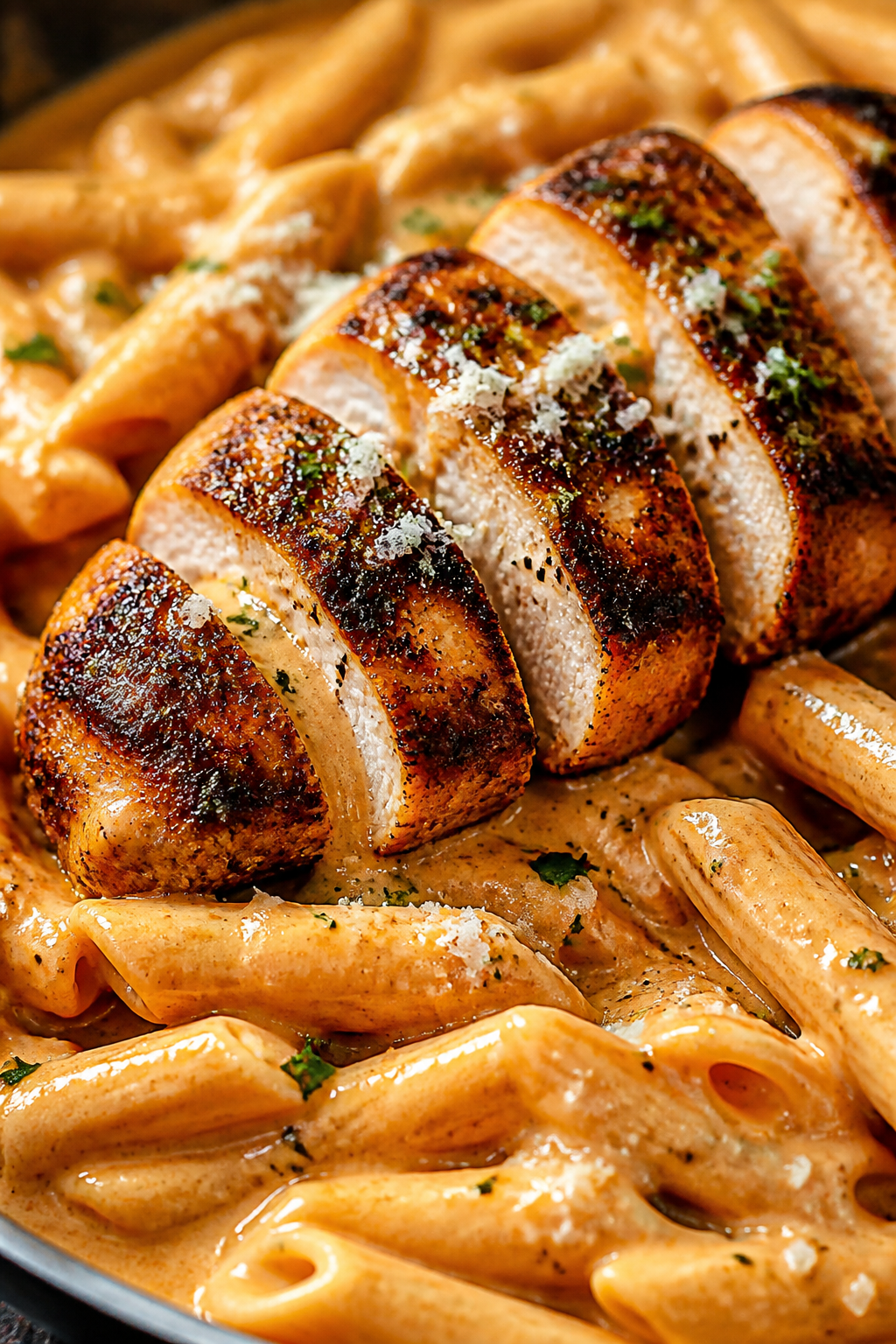 Close-up detail: Sliced Cajun-seasoned chicken breast just returned to a creamy Parmesan sauce in th