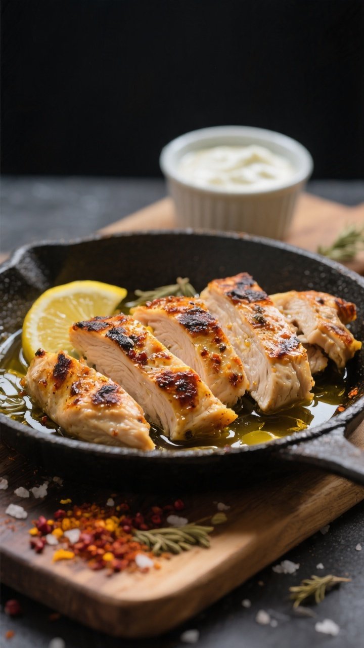 Close-up detail: Sliced, charred chicken shawarma just off the skillet, glistening with olive oil an