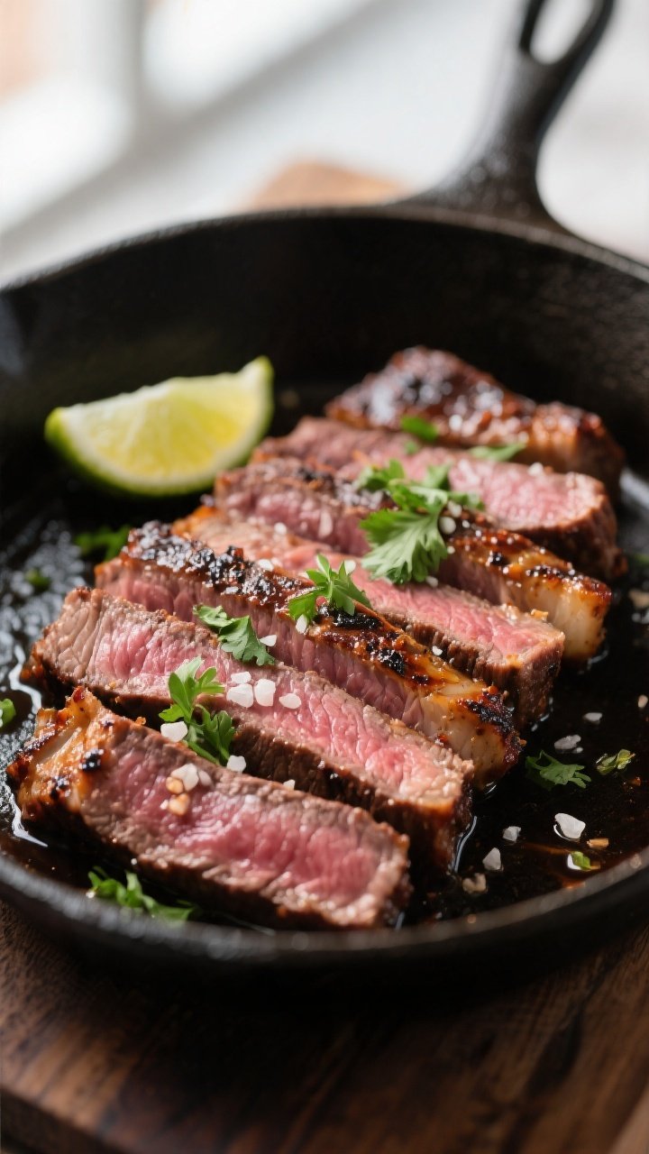 Close-up detail: Sliced chipotle-marinated flank steak fresh off a cast-iron skillet, medium-rare wi