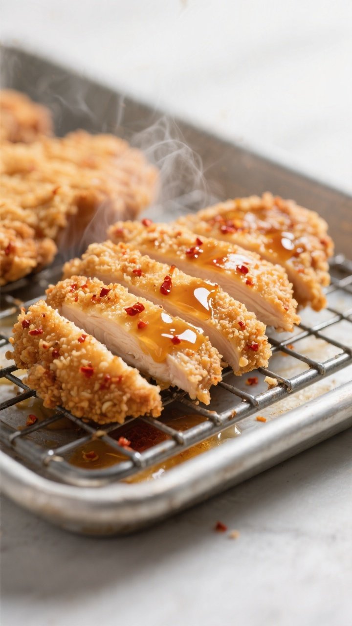 Close-up detail: Sliced crispy chicken tenders just after cooking, glistening with a warm drizzle of