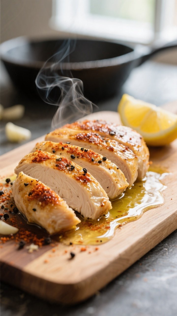 Close-up detail: Sliced, golden-seared chicken breast resting on a cutting board, glistening with ol
