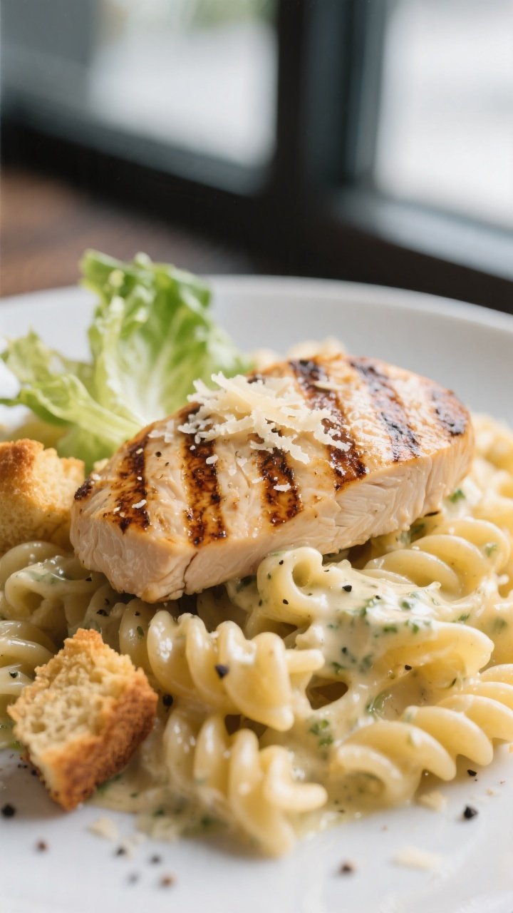 Close-up detail: Sliced grilled chicken breast with pronounced grill marks resting atop al dente rot