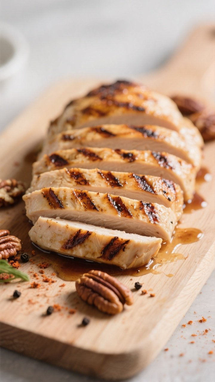 Close-up detail: Sliced grilled chicken breast with defined grill marks resting on a cutting board,