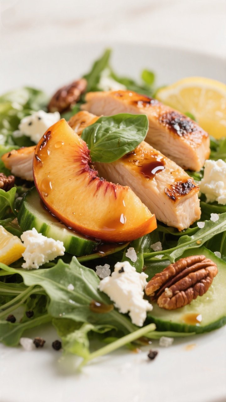 Close-up detail: Sliced grilled peaches nestled against juicy chicken strips on a bed of lightly dre