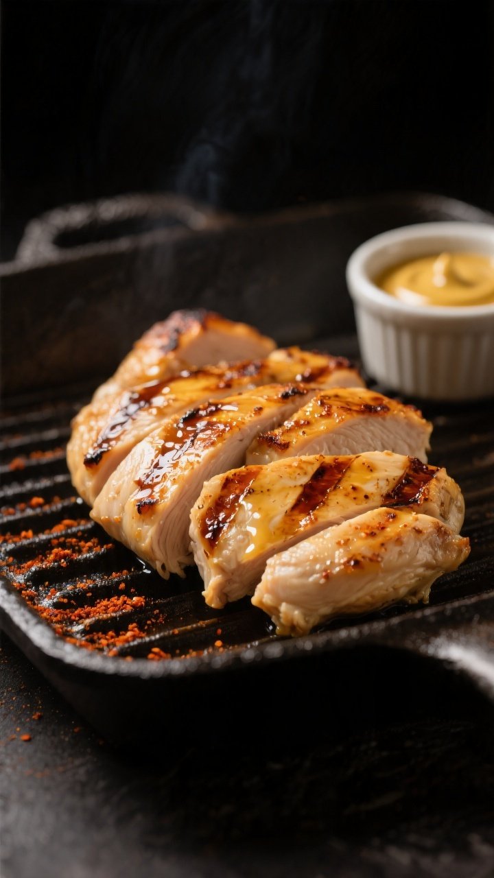 Close-up detail: Sliced honey-mustard grilled chicken just off the grill pan, showing caramelized gr