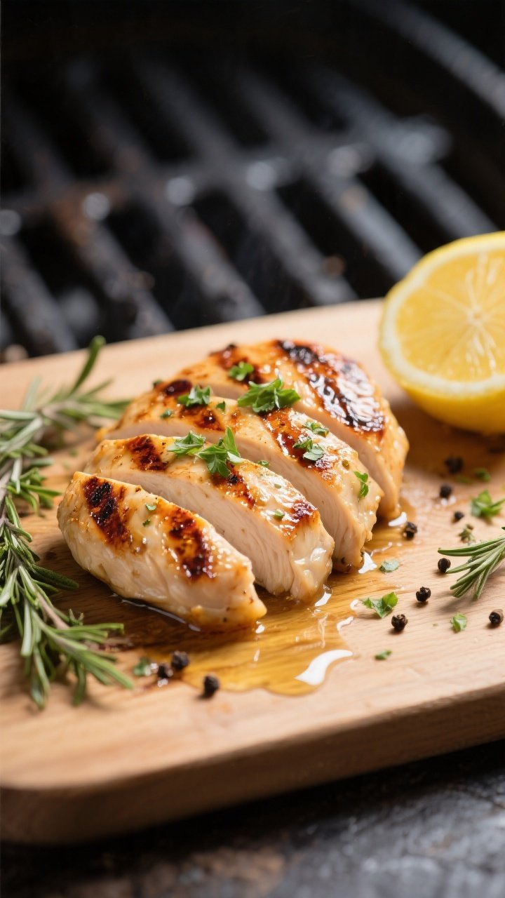 Close-up detail: Sliced lemon herb grilled chicken breast just off the grill, showing deep carameliz
