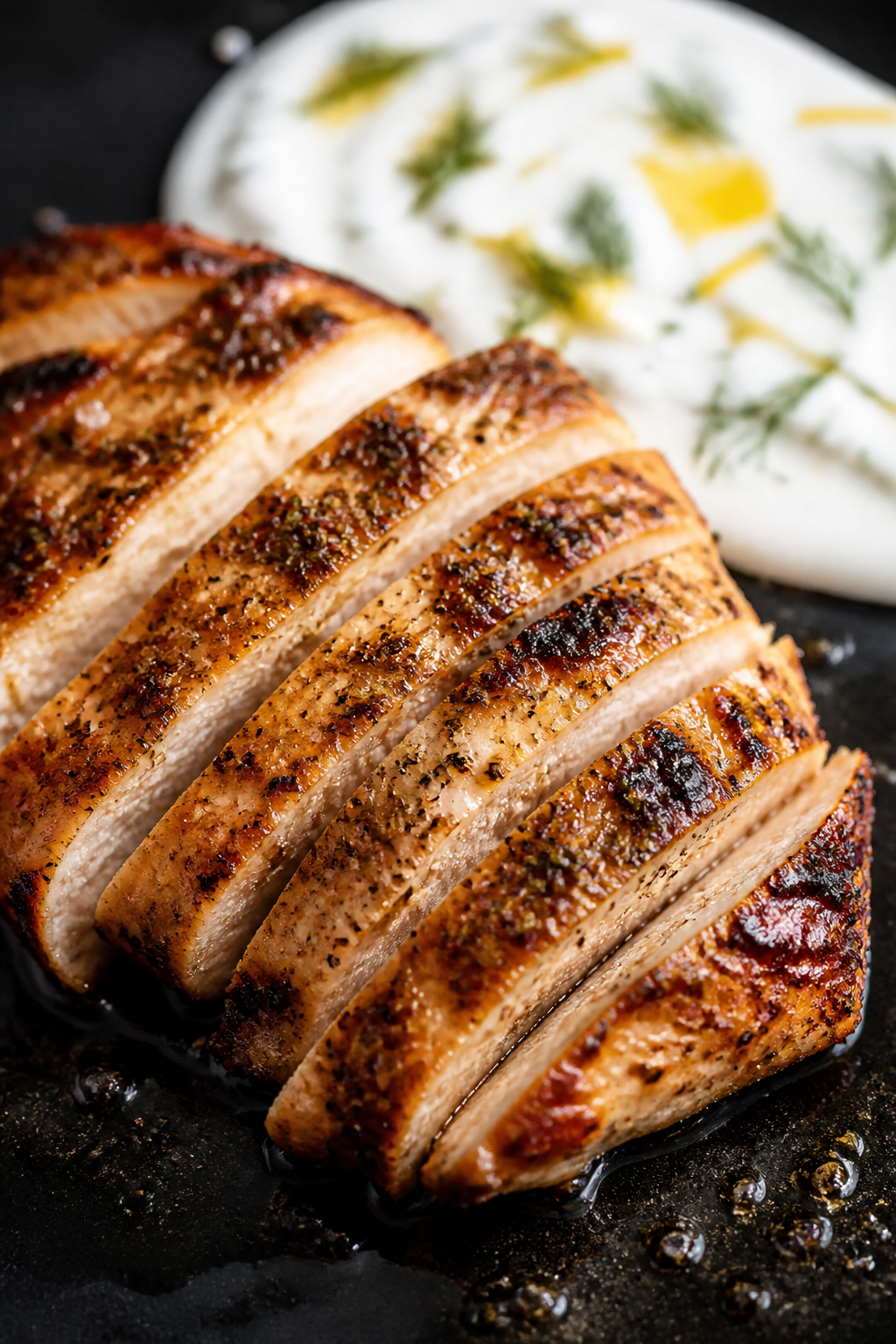 Close-up detail: Sliced lemon-oregano chicken just off the grill pan, golden-browned with light char