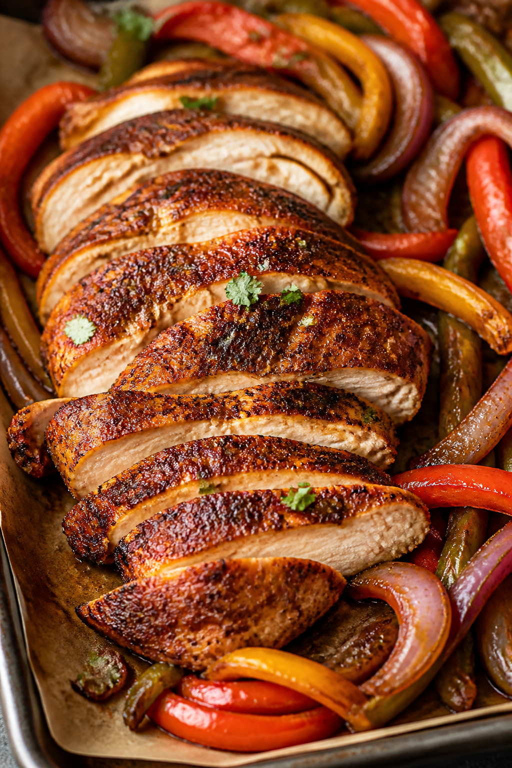 Close-up detail: Sliced roasted Southwest-seasoned chicken just after resting, glistening with pan j