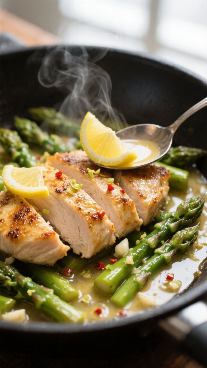 Close-up detail: Sliced seared chicken cutlets nestled among crisp-tender asparagus in a glossy lemo