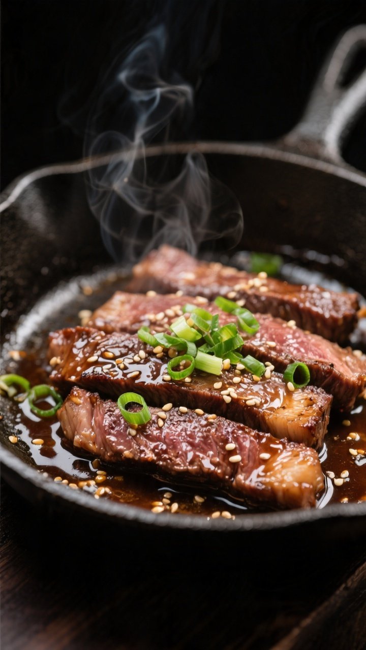 Close-up detail: Sliced, seared sirloin strips glistening in a glossy soy-Worcestershire-garlic-ging