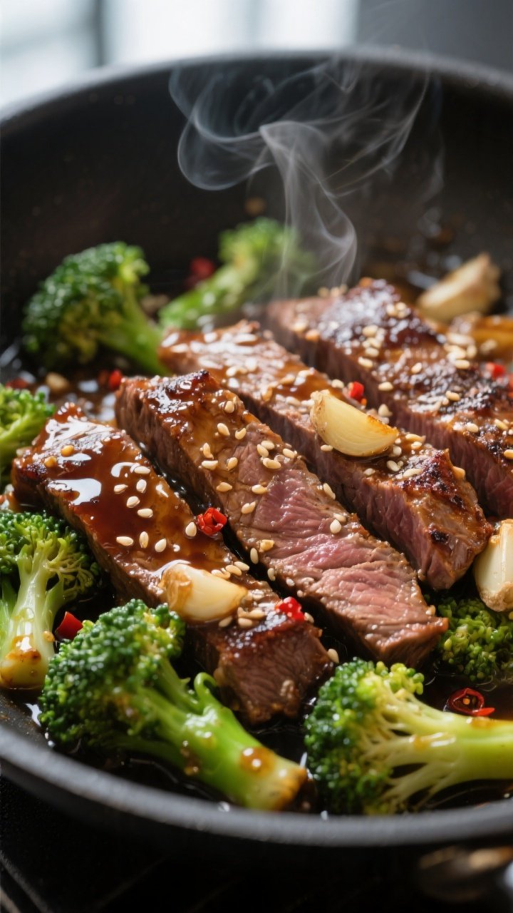 Close-up detail: Slices of seared flank steak tossed in a glossy garlic-soy sauce with ginger, showi