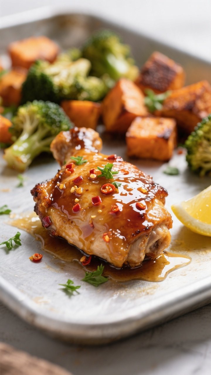 Close-up detail: Sticky hot honey chicken thigh just out of the oven, lacquered with a glossy glaze 