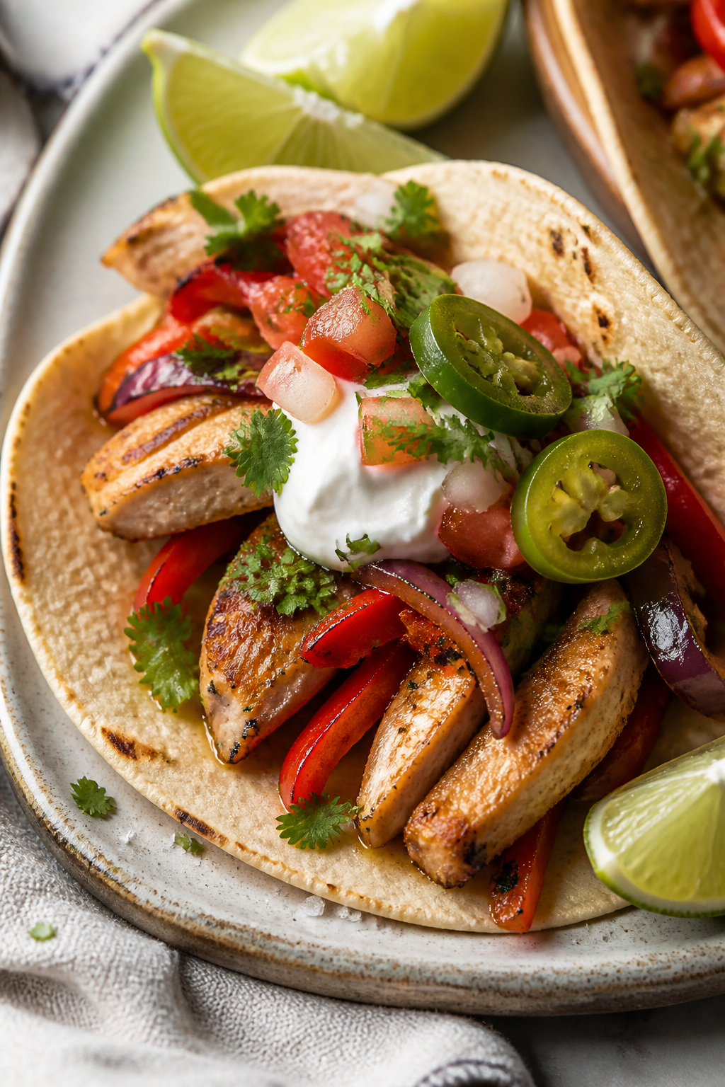 Close-up detail, taco assembly: Tight, shallow-focus close-up of a warm flour tortilla cradling juic