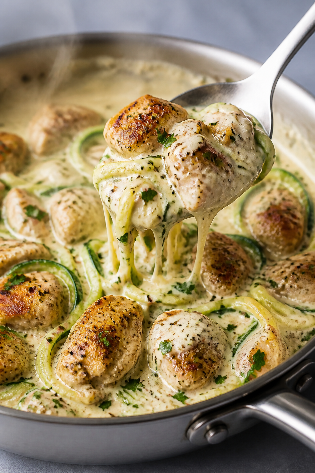 Close-up detail: Tender seared chicken bites coated in silky Greek-yogurt Alfredo sauce, flecks of f