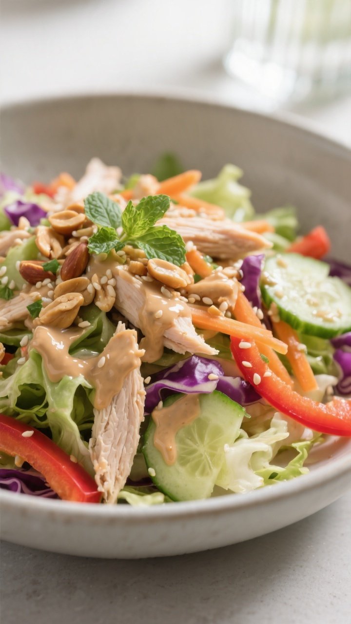 Close-up detail: Tossed Thai Peanut Chicken Crunch Salad glistening with creamy peanut dressing, sho