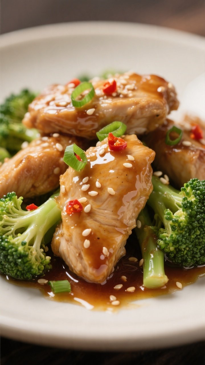 Close-up detail: Ultra-close shot of juicy chicken pieces coated in a glossy, thickened sauce with s