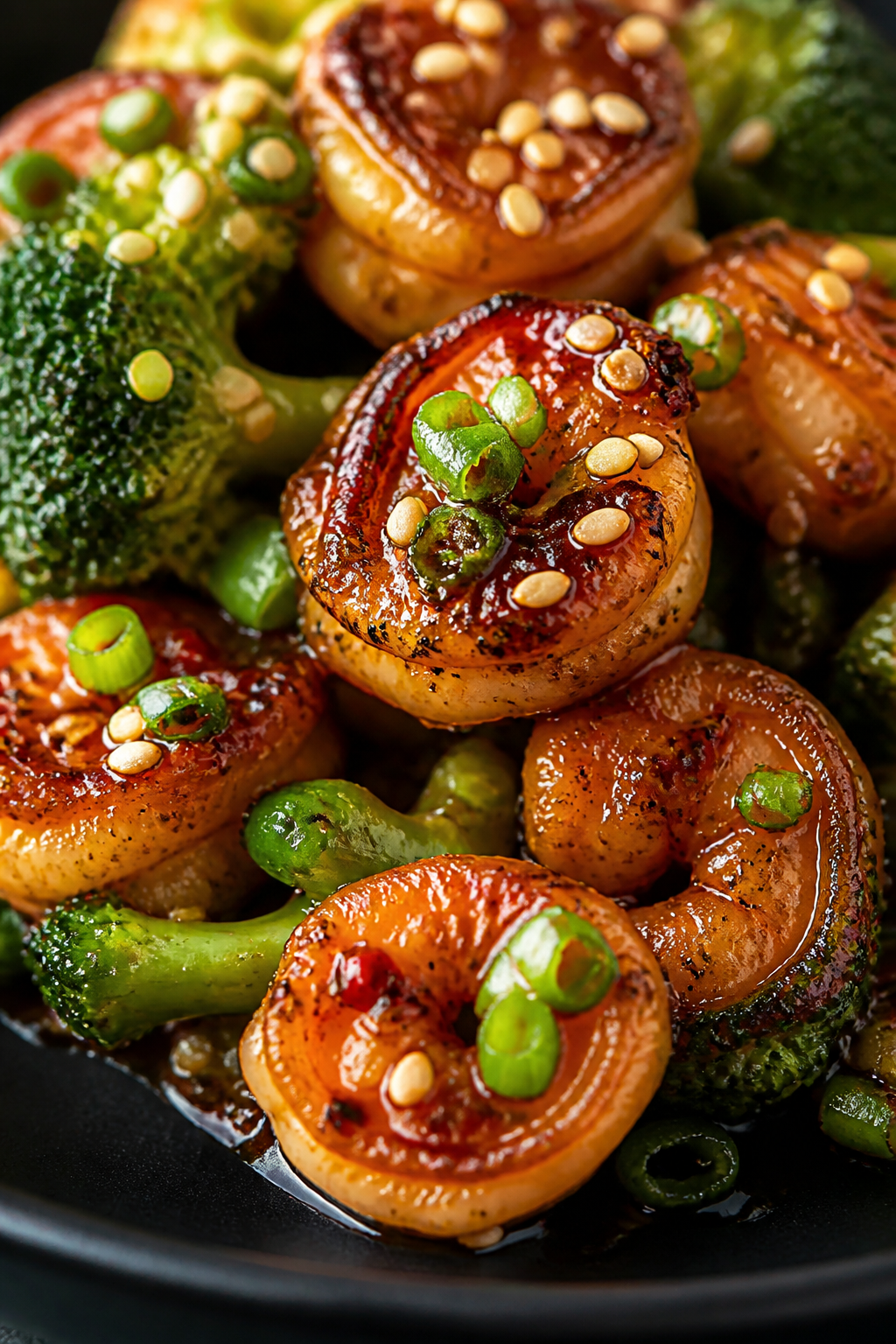 Close-up detail: Ultra close-up of seared shrimp lacquered in savory-sweet sauce, nestled against cr