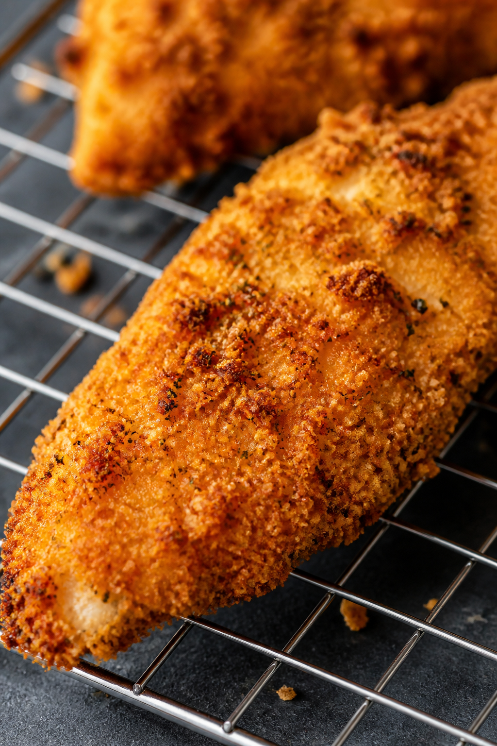 Close-up detail: Ultra-crispy air-fried Parmesan chicken tender just out of the basket, golden panko
