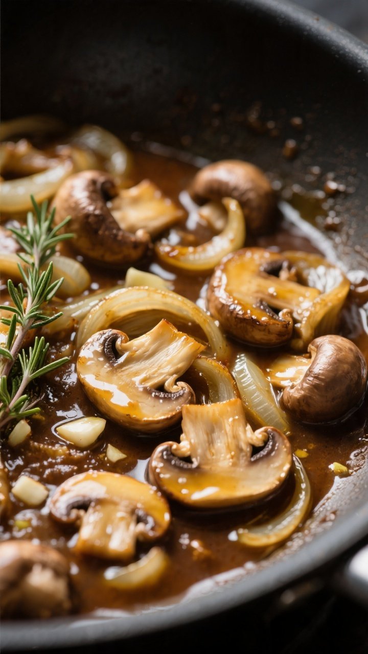Close-up detail: Ultra-tight shot of sautéed cremini mushrooms and onions in the pan just after deg