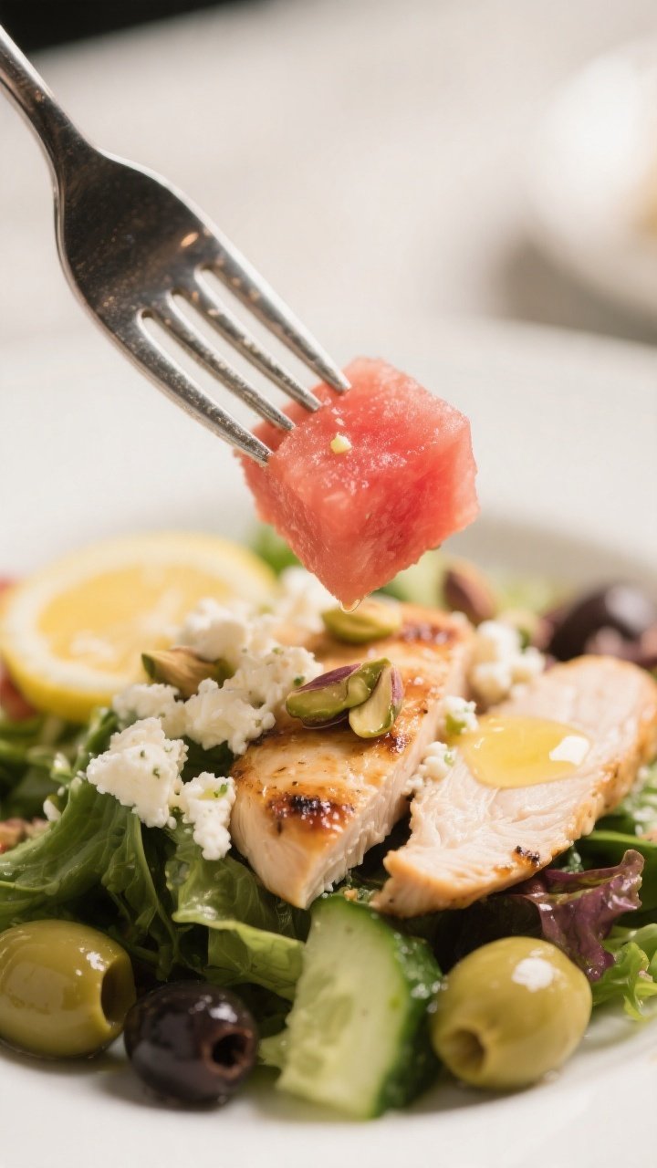 Close-up final detail: Macro-style close-up of a forkful hovering over the plated salad, showing a j