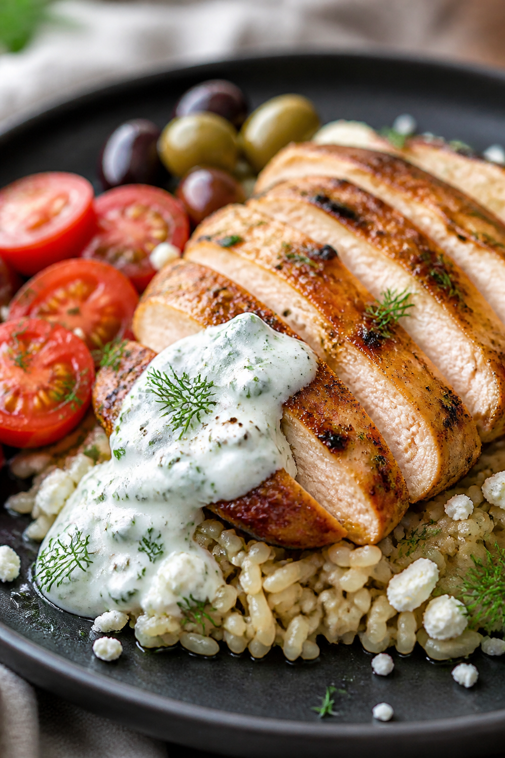 Close-up final presentation – Sliced Greek chicken fanned over brown rice with a dollop of creamy 