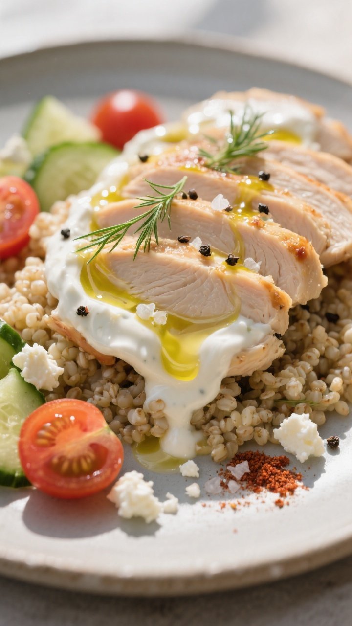 Close-up final presentation: Tight macro of sliced chicken atop quinoa with creamy yogurt sauce casc