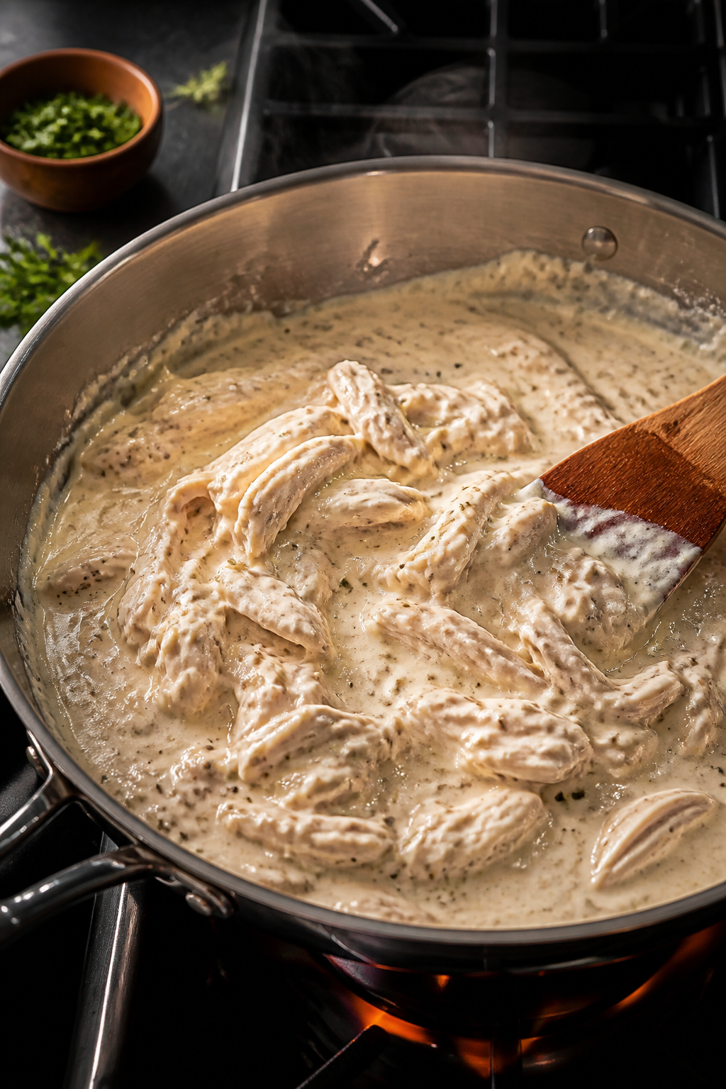 Cooking process action (no people): Alfredo sauce in a stainless skillet at the “coats-the-back-of