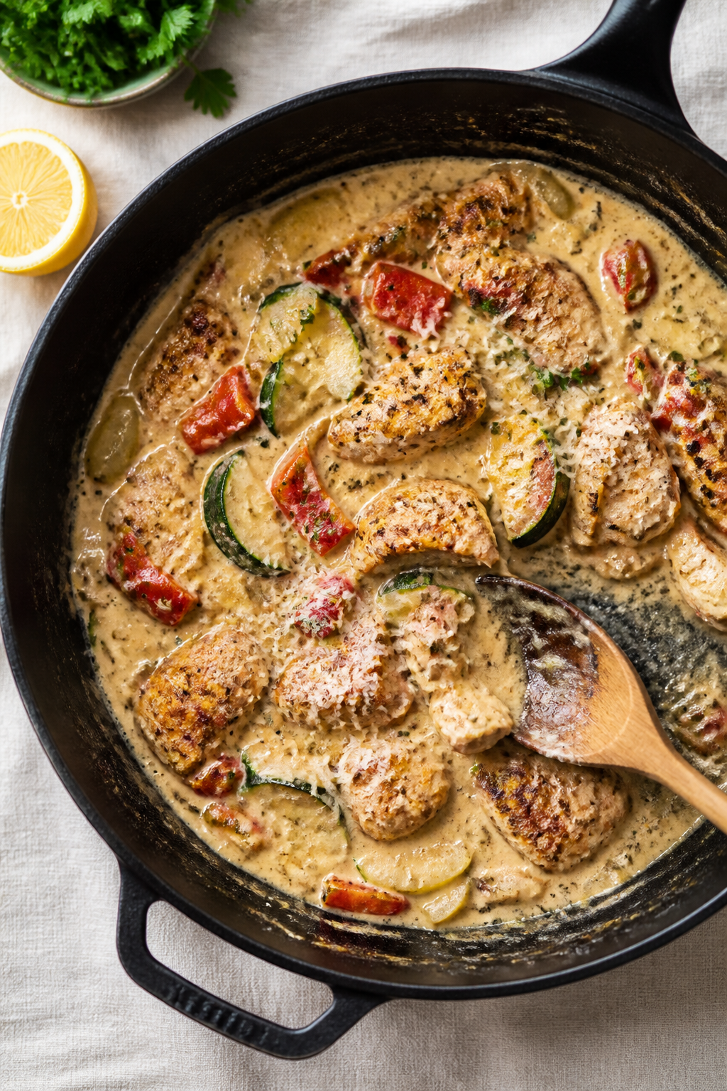 Cooking process action: Overhead shot of the creamy Cajun skillet mid-simmer after deglazing—woode