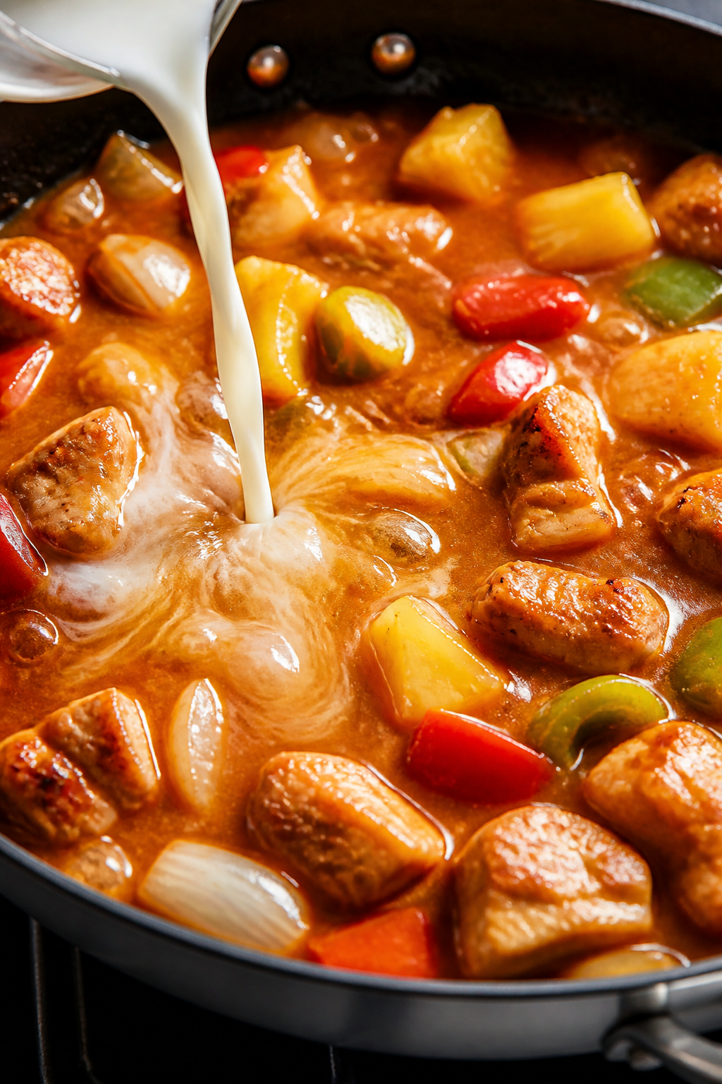 Cooking process: Action shot of the sauce-building stage—sweet & sour sauce simmering in a large s