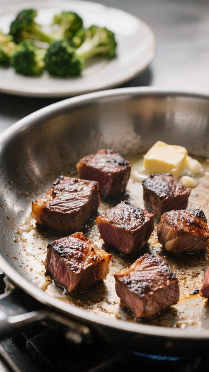 Cooking process action: Steak bites searing in batches in a hot stainless or cast-iron pan—single 
