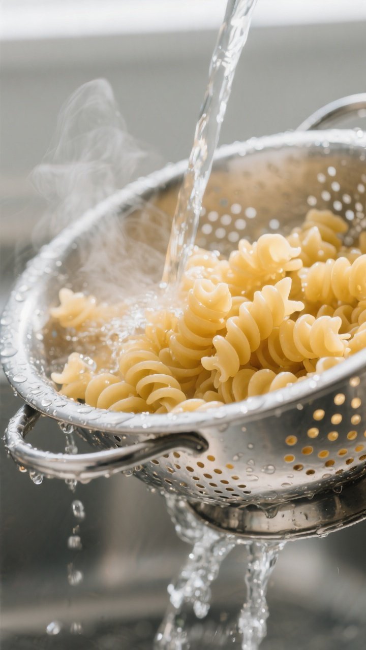 Cooking process: Al dente rotini being rinsed in a stainless colander under cool water, steam fading