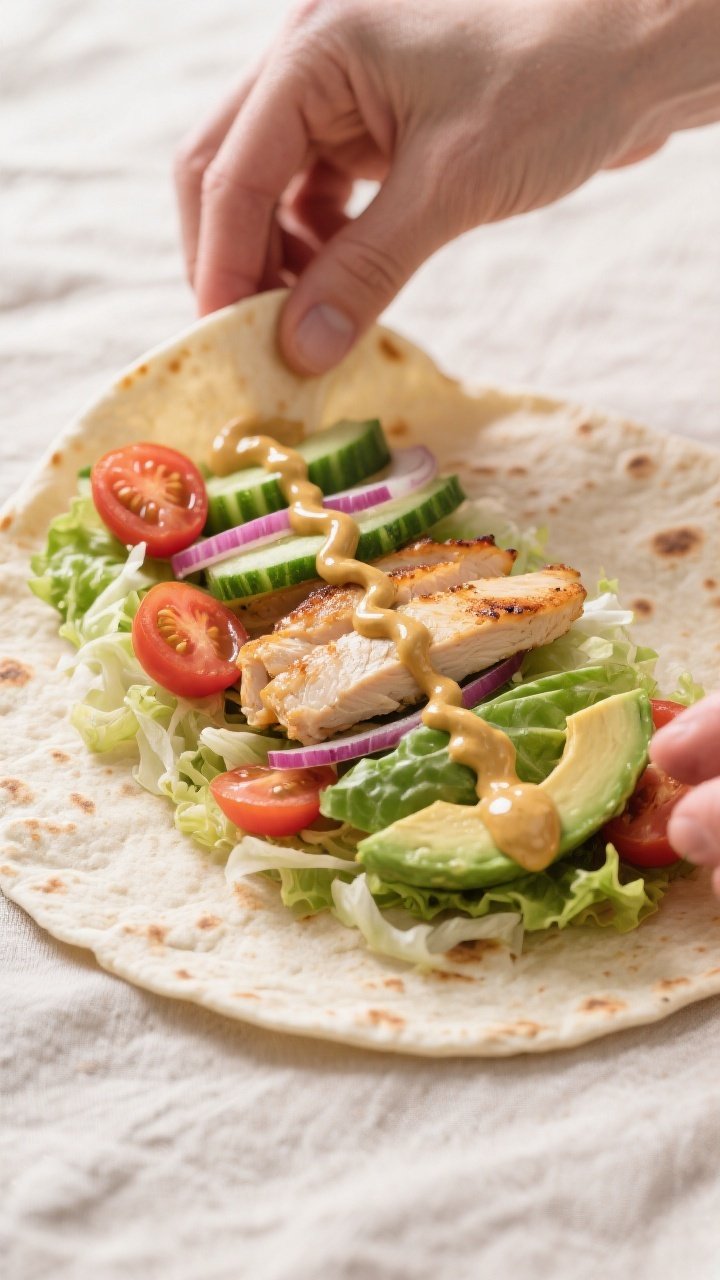 Cooking process: Assembly moment of a warm flour tortilla being filled—overhead shot of a neatly l