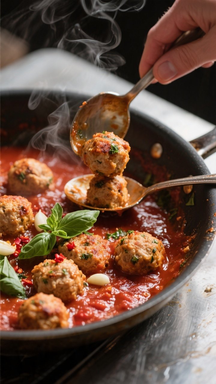Cooking process: Baked chicken meatballs being transferred into a simmering marinara in a wide stain
