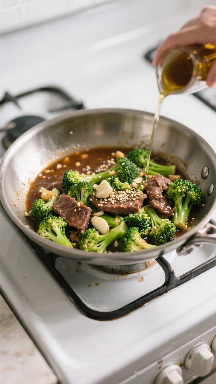 Cooking process: Beef and Broccoli finishing in a wide stainless skillet—reserved sauce simmering