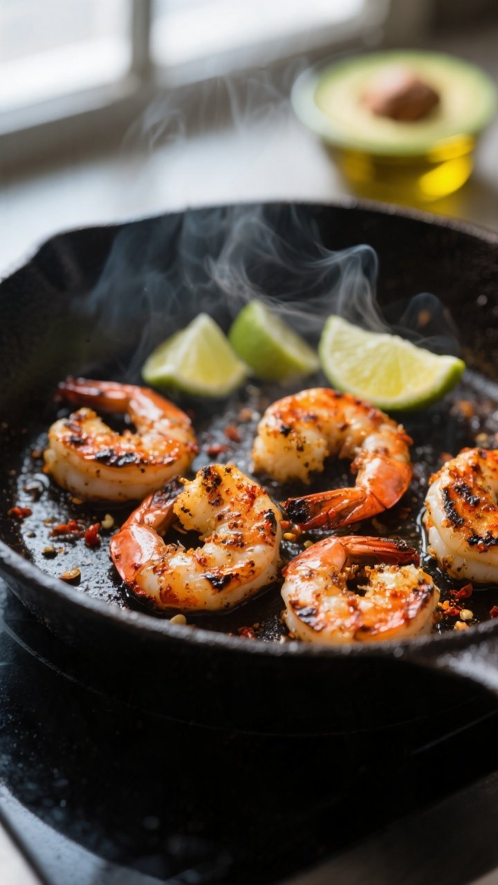 Cooking process: Blackened shrimp sizzling in a preheated cast-iron skillet, close-up of curled, opa