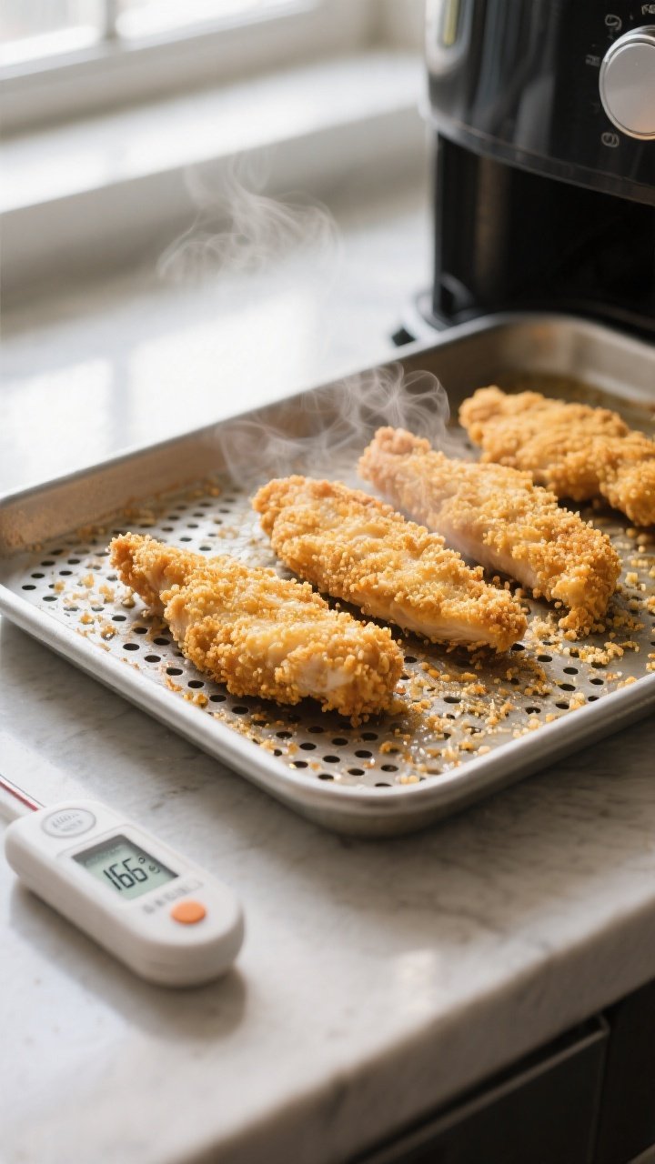 Cooking process: Breaded chicken strips being air-fried on a perforated air-fryer tray—golden pank