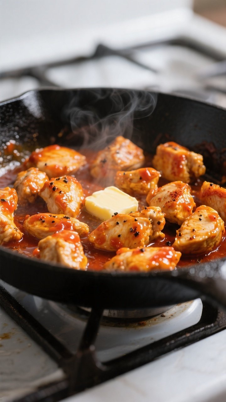 Cooking process — buffalo chicken in skillet: Searing bite-size chicken pieces in a large black sk