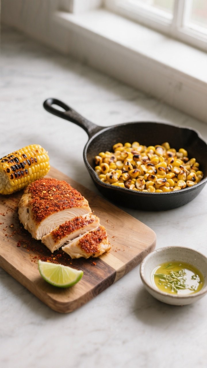 Cooking process — charred corn and spice-crusted chicken: Pan-seared, chili-cumin–smoked paprika