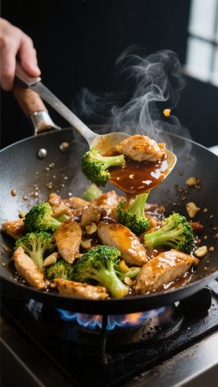 Cooking process: Chicken and Broccoli Stir Fry sizzling in a carbon steel wok over high heat, mid-to